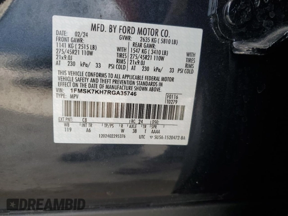 2024 Ford Explorer ST-Line с VIN 1FMSK7KH7RGA35746, выставлен на аукционе Copart как лот 61143375 с пробегом 15 731 миль миль и Списание • Salvage title. История ставок и продаж доступна на DreamBid. Изображение 14.