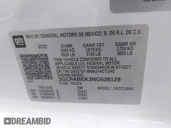 2022 Chevrolet Silverado 1500 Custom with VIN 3GCPABEK2NG628128, listed as a IAAI auction lot 41870964 with 34,735 mi miles and . Bid and sale history available at DreamBid. Image 9.
