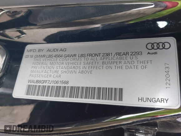 2018 Audi A3 Premium with VIN WAUB8GFF7J1061568, listed as a IAAI auction lot 41726139 with 75,361 mi miles and . Bid and sale history available at DreamBid. Image 9.