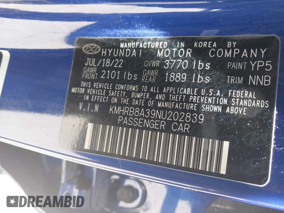 2022 Hyundai Venue SE with VIN KMHRB8A39NU202839, listed as a IAAI auction lot 41729776 with 27,154 mi miles and . Bid and sale history available at DreamBid. Image 9.
