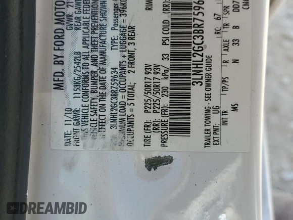 2011 Lincoln MKZ with VIN 3LNHL2GC3BR759634, listed as a Copart auction lot 53141125 with 171,978 mi miles and Salvage Title. Bid and sale history available at carsss.com. Image 14.