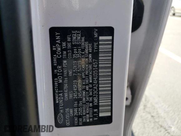 2017 Hyundai Tucson Limited z VIN KM8J3CA24HU351457, wystawiony jako Copart lot #58351205 z przebiegiem 103 299 mil mil oraz Szkoda całkowita • Salvage title. Historia ofert i sprzedaży dostępna na DreamBid. Obrazek 14.