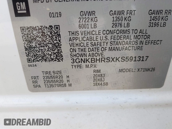 2019 Chevrolet Blazer with VIN 3GNKBHRSXKS591317, listed as a IAAI auction lot 42075872 with 103,595 mi miles and . Bid and sale history available at DreamBid. Image 9.