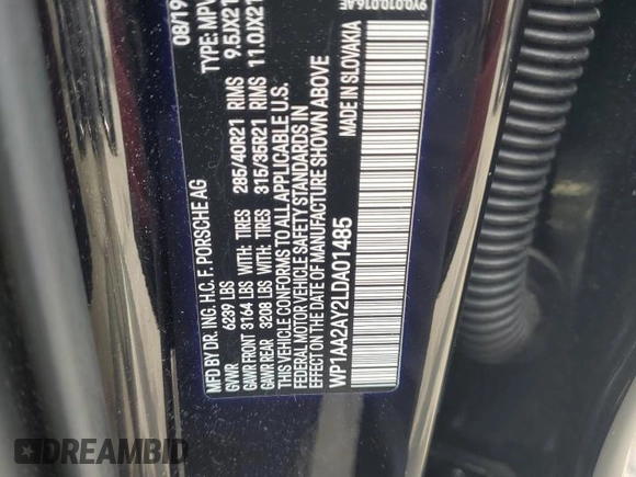 2020 Porsche Cayenne z VIN WP1AA2AY2LDA01485, wystawiony jako Copart lot #58652525 z przebiegiem 56 562 mil mil oraz Szkoda całkowita • Salvage title. Historia ofert i sprzedaży dostępna na DreamBid. Obrazek 13.