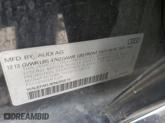 2014 Audi A4 Premium Plus with VIN WAUEFAFL9EN025515, listed as a Copart auction lot 82852554 with 109,064 mi miles and Salvage Title. Bid and sale history available at carsss.com. Image 13.