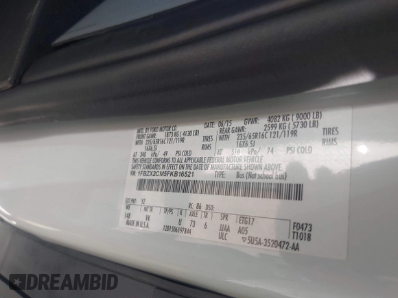 2015 Ford Transit XL z VIN 1FBZX2CM5FKB16521, wystawiony jako IAAI lot #42577803 z przebiegiem 63 027 mil mil oraz . Historia ofert i sprzedaży dostępna na DreamBid. Obrazek 9.
