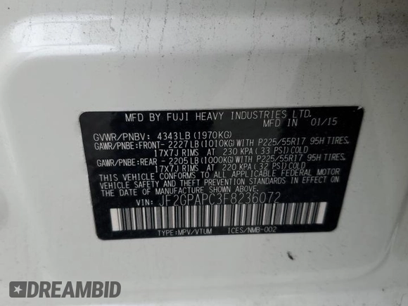 2015 Subaru Crosstrek Limited with VIN JF2GPAPC3F8236072, listed as a Copart auction lot 54365955 with 189,063 mi miles and Salvage title. Bid and sale history available at DreamBid. Image 14.