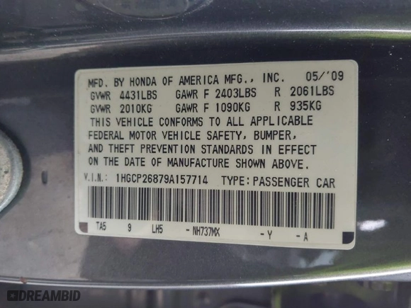 2009 Honda Accord Sdn EX-L with VIN 1HGCP26879A157714, listed as a IAAI auction lot 41613974 with 180,428 mi miles. Bid and sale history available at carsss.com. Image 9.