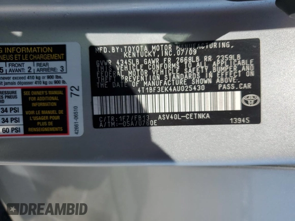 2010 Toyota Camry with VIN 4T1BF3EK4AU025430, listed as a Copart auction lot 55172215 with 96,737 mi miles and Salvage Title. Bid and sale history available at DreamBid. Image 12.