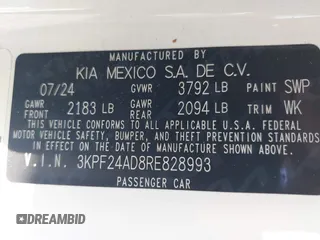 2024 Kia Forte LXS with VIN 3KPF24AD8RE828993, listed as a IAAI auction lot 41842873 with 10,053 mi miles. Bid and sale history available at carsss.com. Image 9.