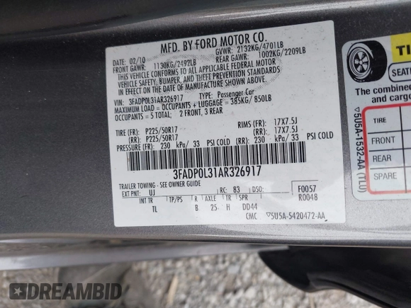 2010 Ford Fusion Hybrid z VIN 3FADP0L31AR326917, wystawiony jako IAAI lot #41938486 z przebiegiem 132 845 mil mil oraz . Historia ofert i sprzedaży dostępna na DreamBid. Obrazek 9.