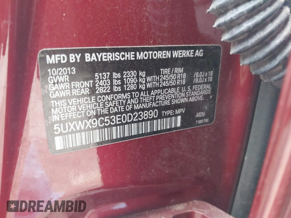 2014 BMW X3 xDrive28i with VIN 5UXWX9C53E0D23890, listed as a IAAI auction lot 42005823 with 129,564 mi miles and . Bid and sale history available at DreamBid. Image 9.