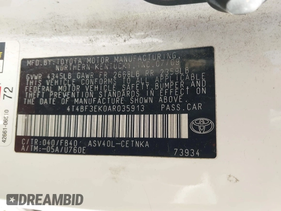 2010 Toyota Camry with VIN 4T4BF3EK0AR035913, listed as a IAAI auction lot 41455016 with 385,697 mi miles and . Bid and sale history available at DreamBid. Image 9.
