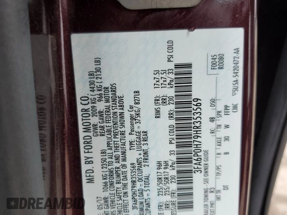 2017 Ford Fusion SE with VIN 3FA6P0H79HR353569, listed as a Copart auction lot 52422545 with 94,159 mi miles and Salvage title. Bid and sale history available at DreamBid. Image 12.
