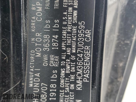2007 Hyundai Accent GS with VIN KMHCM36C47U039595, listed as a Copart auction lot 43399775 with 107,882 mi miles and Salvage title. Bid and sale history available at DreamBid. Image 12.