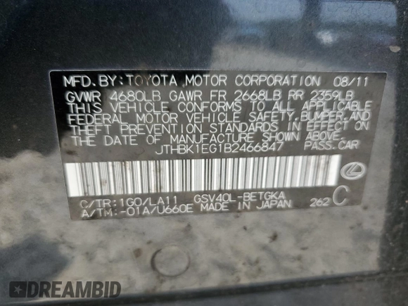 2011 Lexus ES 330 with VIN JTHBK1EG1B2466847, listed as a Copart auction lot 59402315 with 160,146 mi miles and Salvage title. Bid and sale history available at DreamBid. Image 12.