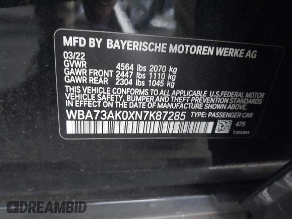2022 BMW 2 Series 228i xDrive with VIN WBA73AK0XN7K87285, listed as a IAAI auction lot 41194510 with 23,099 mi miles. Bid and sale history available at carsss.com. Image 9.