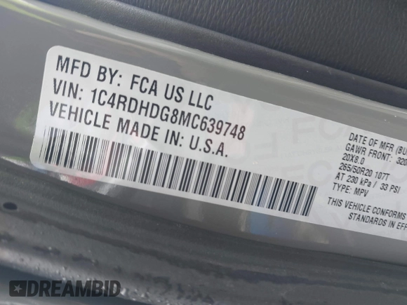 2021 Dodge Durango GT Plus with VIN 1C4RDHDG8MC639748, listed as a IAAI auction lot 41623021 with 104,686 mi miles and . Bid and sale history available at DreamBid. Image 9.