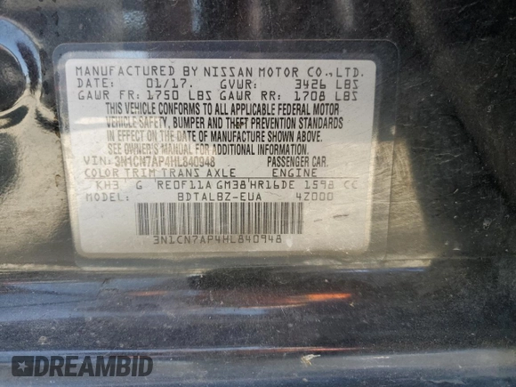 2017 Nissan Versa SV with VIN 3N1CN7AP4HL840948, listed as a Copart auction lot 62953285 with Not provided miles and Salvage title. Bid and sale history available at DreamBid. Image 13.