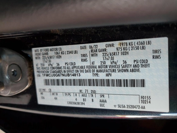 2022 Ford Escape SE with VIN 1FMCU0G67NUB14813, listed as a Copart auction lot 60089525 with 33,412 mi miles and Clean title. Bid and sale history available at DreamBid. Image 13.
