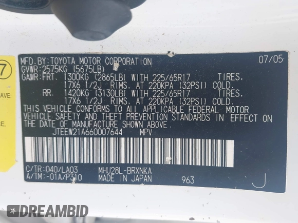 2006 Toyota Highlander z VIN JTEEW21A660007644, wystawiony jako IAAI lot #42155550 z przebiegiem 246 034 mil mil oraz . Historia ofert i sprzedaży dostępna na DreamBid. Obrazek 9.