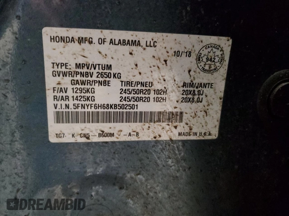 2019 Honda Pilot Touring 7-Passenger with VIN 5FNYF6H68KB502501, listed as a Copart auction lot 85263694 with 119,183 mi miles and Salvage Title. Bid and sale history available at DreamBid. Image 13.