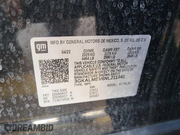 2022 GMC Terrain SLE with VIN 3GKALMEV6NL211841, listed as a IAAI auction lot 42673268 with 50,087 mi miles and . Bid and sale history available at DreamBid. Image 4.