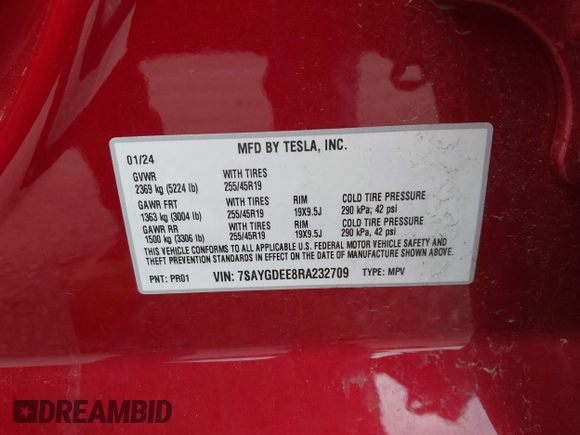 2024 Tesla Model Y Long Range with VIN 7SAYGDEE8RA232709, listed as a IAAI auction lot 41724484 with 5,376 mi miles and . Bid and sale history available at DreamBid. Image 9.