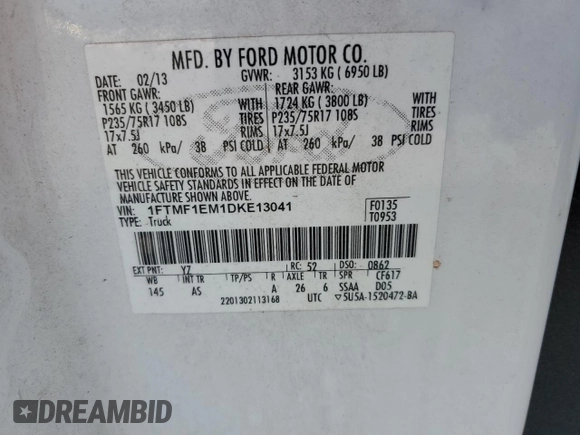 2013 Ford F-150 XL with VIN 1FTMF1EM1DKE13041, listed as a Copart auction lot 60404385 with 216,954 mi miles and Clean title. Bid and sale history available at DreamBid. Image 12.