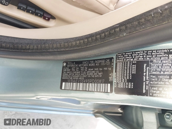 2003 BMW 3 Series 325i with VIN WBAEV33493PD00817, listed as a IAAI auction lot 42040620 with 204,067 mi miles and . Bid and sale history available at DreamBid. Image 9.