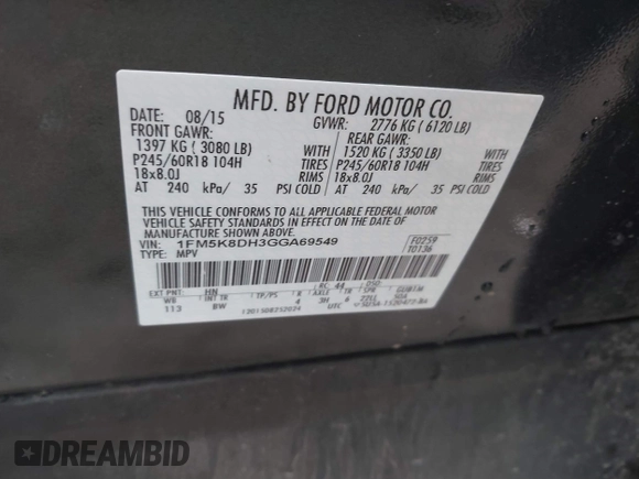 2016 Ford Explorer XLT with VIN 1FM5K8DH3GGA69549, listed as a IAAI auction lot 41845755 with 179,884 mi miles and . Bid and sale history available at DreamBid. Image 9.