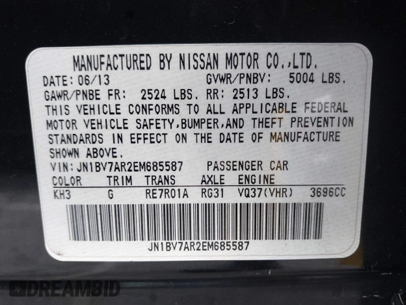 2014 Infiniti Q50 Premium with VIN JN1BV7AR2EM685587, listed as a IAAI auction lot 41777563 with 134,443 mi miles and . Bid and sale history available at DreamBid. Image 9.