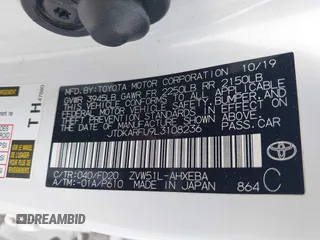 2020 Toyota Prius L Eco with VIN JTDKARFU9L3108236, listed as a IAAI auction lot 42004854 with 89,528 mi miles and . Bid and sale history available at DreamBid. Image 9.