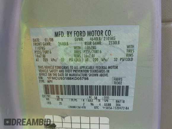 2008 Ford Escape XLT with VIN 1FMCU93188KD05798, listed as a IAAI auction lot 42497044 with 215,954 mi miles and . Bid and sale history available at DreamBid. Image 9.