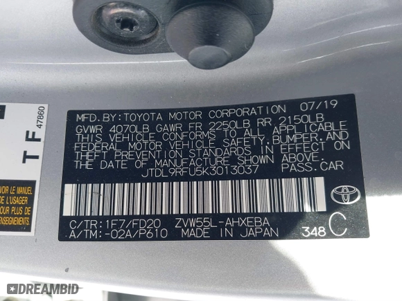 2019 Toyota Prius LE with VIN JTDL9RFU5K3013037, listed as a IAAI auction lot 41363092 with 108,284 mi miles. Bid and sale history available at carsss.com. Image 9.