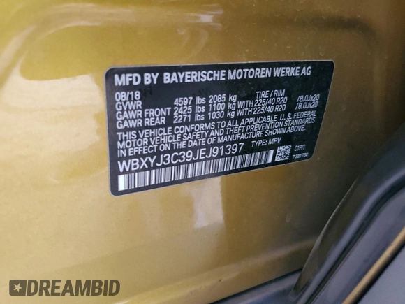 2018 BMW X2 sDrive28i with VIN WBXYJ3C39JEJ91397, listed as a Copart auction lot 62168425 with 72,594 mi miles and Salvage title. Bid and sale history available at DreamBid. Image 13.