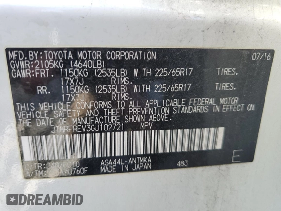 2016 Toyota RAV4 XLE with VIN JTMRFREV3GJ102721, listed as a Copart auction lot 62489055 with 111 mi miles and Salvage title. Bid and sale history available at DreamBid. Image 14.