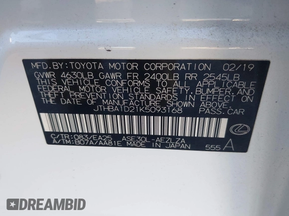 2019 Lexus IS 300 z VIN JTHBA1D21K5093168, wystawiony jako IAAI lot #42110034 z przebiegiem 68 351 mil mil oraz . Historia ofert i sprzedaży dostępna na DreamBid. Obrazek 9.