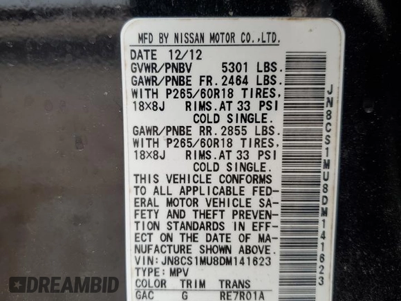 2013 Infiniti FX with VIN JN8CS1MU8DM141623, listed as a Copart auction lot 62533145 with 160,602 mi miles and Salvage title. Bid and sale history available at DreamBid. Image 13.