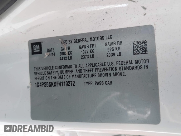 2015 Buick Verano Group with VIN 1G4PS5SKXF4119272, listed as a IAAI auction lot 42527509 with 187,941 mi miles and . Bid and sale history available at DreamBid. Image 9.