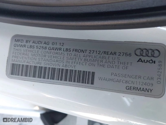 2012 Audi A6 3.0T Prestige with VIN WAUHGAFC8CN112409, listed as a IAAI auction lot 41577304 with 123,759 mi miles. Bid and sale history available at carsss.com. Image 9.