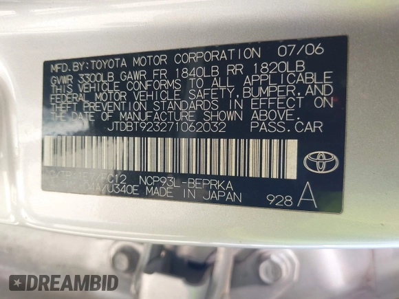 2007 Toyota Yaris with VIN JTDBT923271062032, listed as a IAAI auction lot 42274691 with 173,021 mi miles and . Bid and sale history available at DreamBid. Image 9.