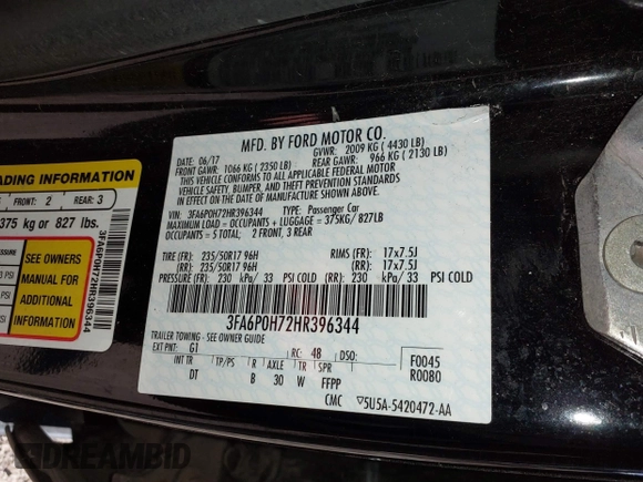 2017 Ford Fusion SE with VIN 3FA6P0H72HR396344, listed as a IAAI auction lot 41460068 with 56,502 mi miles. Bid and sale history available at carsss.com. Image 9.