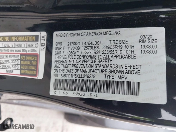 2020 Acura RDX w/Technology Pkg with VIN 5J8TC1H5XLL019279, listed as a IAAI auction lot 41541323 with 33,994 mi miles. Bid and sale history available at carsss.com. Image 9.