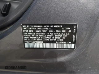 2015 Volkswagen Passat 1.8T Limited Edition with VIN 1VWAT7A31FC049502, listed as a IAAI auction lot 41833759 with 121,099 mi miles. Bid and sale history available at carsss.com. Image 9.