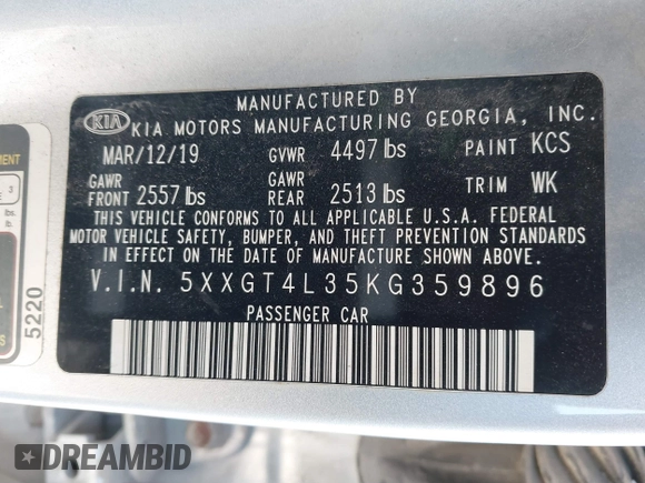 2019 Kia Optima LX with VIN 5XXGT4L35KG359896, listed as a IAAI auction lot 41849243 with 140,975 mi miles. Bid and sale history available at carsss.com. Image 9.