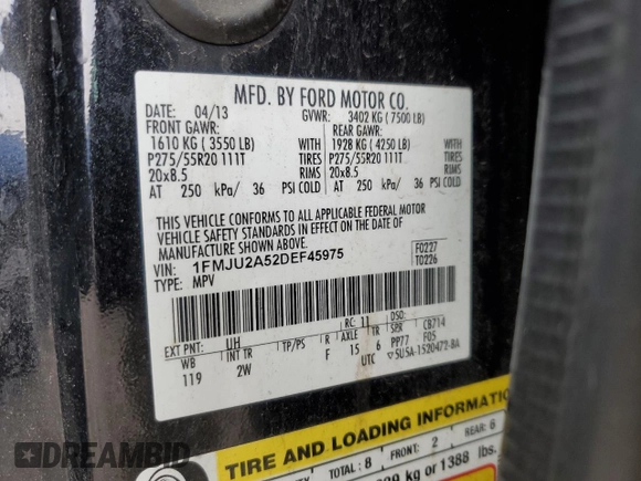 2013 Ford Expedition Limited with VIN 1FMJU2A52DEF45975, listed as a Copart auction lot 48716455 with 156,271 mi miles and Non repairable. Bid and sale history available at DreamBid. Image 13.
