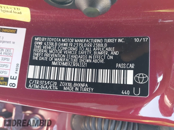 2018 Toyota C-HR XLE with VIN NMTKHMBX2JR043321, listed as a IAAI auction lot 41773764 with 53,800 mi miles. Bid and sale history available at carsss.com. Image 9.
