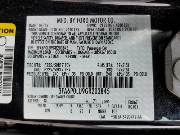 2016 Ford Fusion SE Hybrid with VIN 3FA6P0LU9GR203845, listed as a Copart auction lot 62026805 with 102,456 mi miles and Salvage title. Bid and sale history available at DreamBid. Image 12.