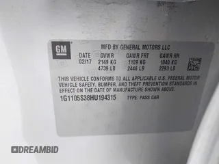 2017 Chevrolet Impala LT with VIN 1G1105S38HU194315, listed as a IAAI auction lot 41701022 with 96,567 mi miles and . Bid and sale history available at DreamBid. Image 9.